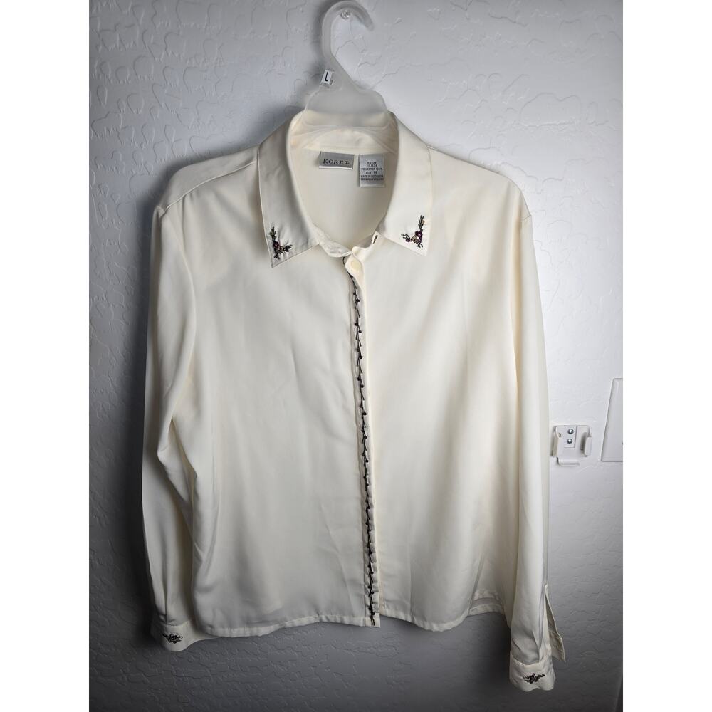 Koret Vintage Blouse Cream size 14 long sleeve button down embroidered